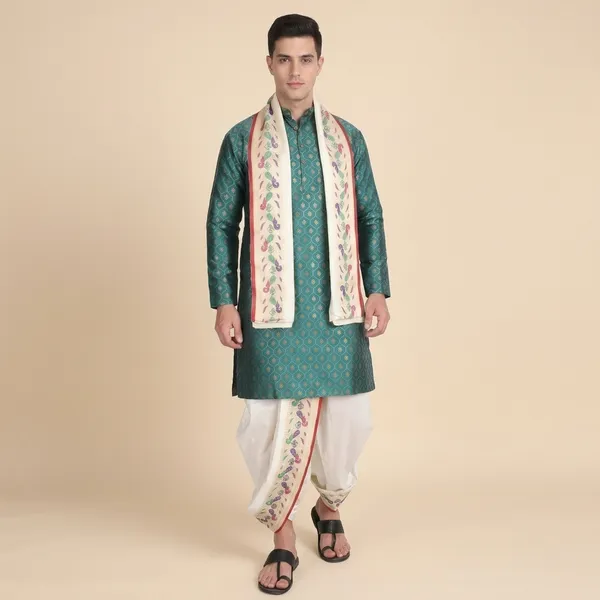 Men_Peacock_Border_Dhoti_Stole_Set_For_Wedding_Style_Ethnic_Wear_For_Men_Indian_Dhoti_Set_For_Groom_Festival_Wedding_Functions