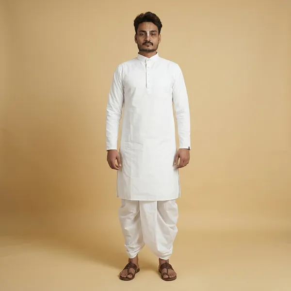 Men_White_Cotton_Kurta_Breathable_Fabric_Regular_Fit_Kurta_Traditional_Ethnic_Wear_For_Daily_Use_Puja_Temple_Festive_Occasions