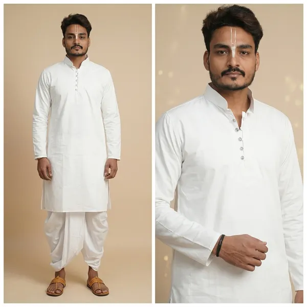 Men_White_Cotton_Kurta_Breathable_Fabric_Regular_Fit_Kurta_Traditional_Ethnic_Wear_For_Daily_Use_Puja_Temple_Festive_Occasions