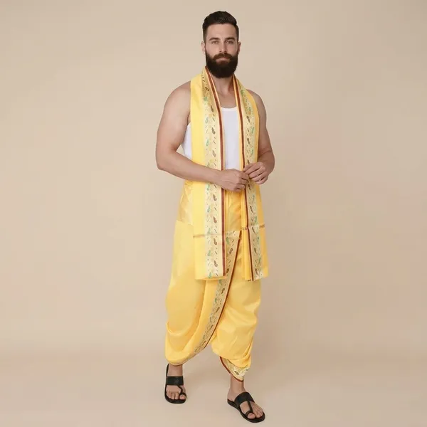 Men_Readymade_Peacock_Border_Dhoti_With_Unstitched_Agvastram_For_Pooja,_Stitched_Adjustable_Elastic_Waist_Dhoti_Pant_Ready_To_Wear_Art_Silk_Dhoti_Traditional_Wedding_Temple_Wear_For_Men