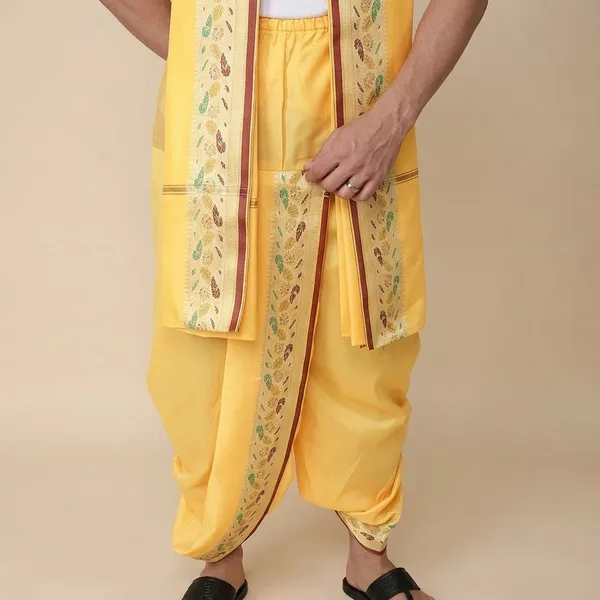 Men_Readymade_Peacock_Border_Dhoti_With_Unstitched_Agvastram_For_Pooja,_Stitched_Adjustable_Elastic_Waist_Dhoti_Pant_Ready_To_Wear_Art_Silk_Dhoti_Traditional_Wedding_Temple_Wear_For_Men