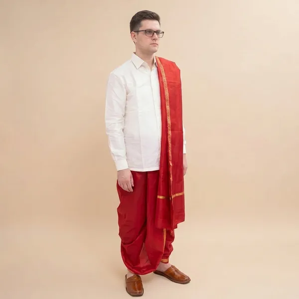 Men_Readymade_Rudraksh_Border_Dhoti_With_Unstiched_Agvastram_Dupatta_For_Pooja_Stitched_Adjustable_Elastic_Waist_Dhoti_Pant_Ready_To_Wear_Art_Silk_Dhoti_Traditional_Wedding_Temple_Wear_For_Men