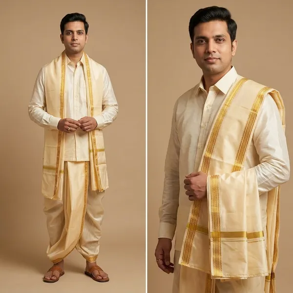 Men_Rudrakhash_Border_Silk_Dhoti_With_Dupatta_Set_To_Wear_Traditional_Wedding_Festival_Ethnic_Outfit_Tamil_Kerala_Style_Mens_Wear
