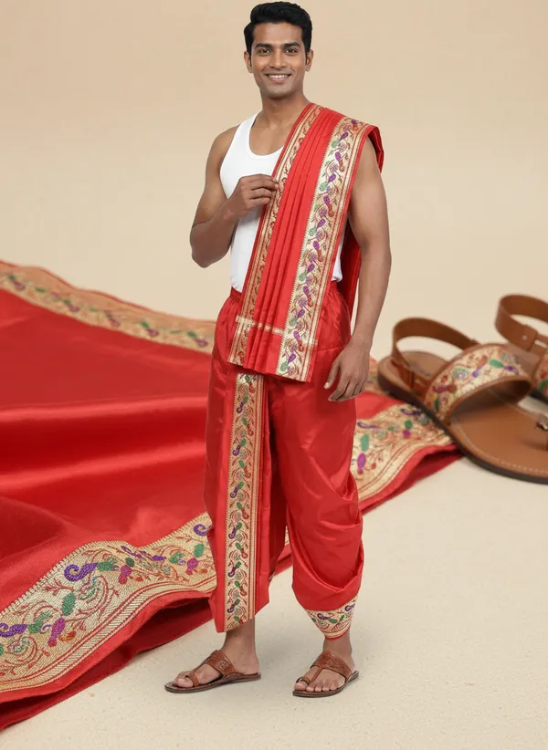Men_Readymade_Dhoti_With_Angavastram_Set_Art_Silk_Ready_To_Wear_Dhoti_With_Elastic_South_Indian_And_North_Indian_Dhoti_Set_For_Men_Ethnic_Wear_For_Wedding,_Pooja,_Festival