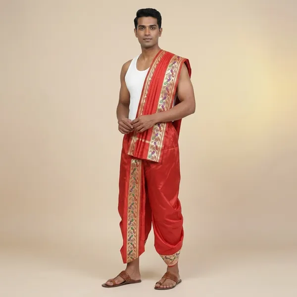 Men_Readymade_Dhoti_With_Angavastram_Set_Art_Silk_Ready_To_Wear_Dhoti_With_Elastic_South_Indian_And_North_Indian_Dhoti_Set_For_Men_Ethnic_Wear_For_Wedding,_Pooja,_Festival
