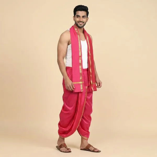 Mens_Art_Silk_Rudraskh_Border_Ready_To_Wear_Dhoti_With_Angavastram_Stitched_Dhoti_With_Elastic_Waist_Vrindavan_Dhoti_For_Puja_Festival_Wedding.
