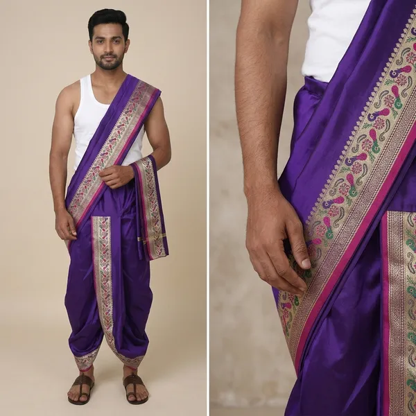 Men_Readymade_Dhoti_With_Angavastram_Set_Peacock_Border_Art_Silk_Fabric_Ready_To_Wear_Dhoti_With_Agvastram_Indian_Vrindavan_Style_Dhoti_Set_For_Men_Ethnic_Wear_For_Wedding_Pooja