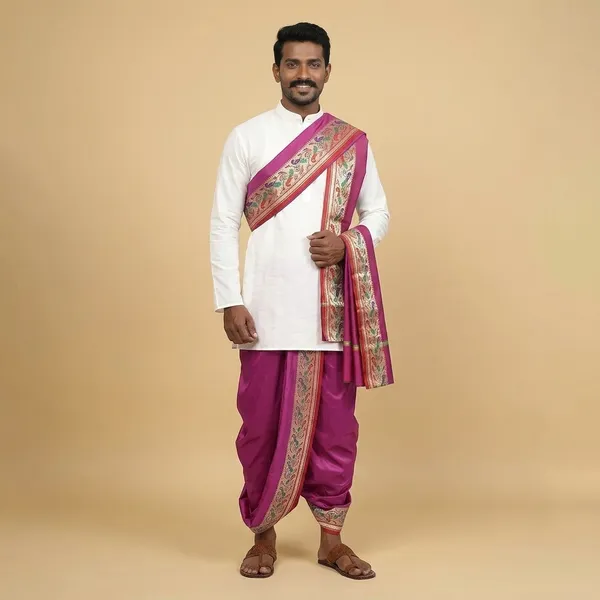 Men_Readymade_Dhoti_With_Angavastram_Set_Peacock_Border_Art_Silk_Fabric_Ready_To_Wear_Dhoti_With_Agvastram_Indian_Vrindavan_Style_Dhoti_Set_For_Men_Ethnic_Wear_For_Wedding_Pooja