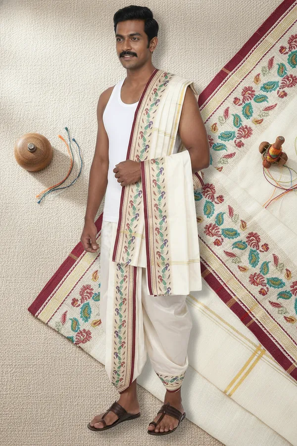 Men_Readymade_Dhoti_With_Angavastram_Set_Peacock_Border_Art_Silk_Fabric_Ready_To_Wear_Dhoti_With_Agvastram_Indian_Vrindavan_Style_Dhoti_Set_For_Men_Ethnic_Wear_For_Wedding_Pooja