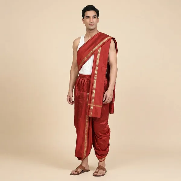 Men_Readymade_Dhoti_With_Angavastram_Set_Art_Silk_Ready_To_Wear_Dhoti_With_Elastic_Waist_South_And_North_Indian_Veshti_Mundu_Set_For_Men_Ethnic_Wear_For_Wedding_Pooja