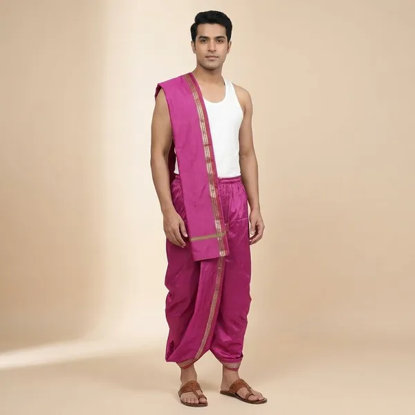 Mens_Art_Silk_Rudraskh_Border_Ready_To_Wear_Dhoti_With_Angavastram_Stitched_Dhoti_With_Elastic_Waist_Vrindavan_Dhoti_For_Puja_Festival_Wedding.