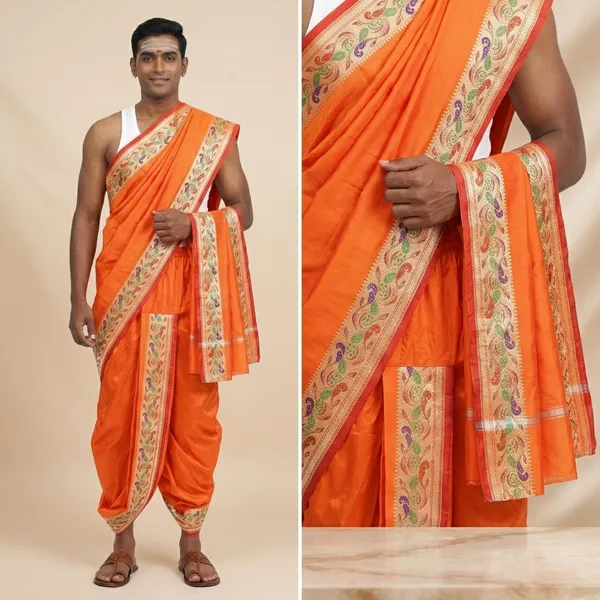 Men_Readymade_Dhoti_With_Angavastram_Set_Peacock_Border_Art_Silk_Fabric_Ready_To_Wear_Dhoti_With_Agvastram_Indian_Vrindavan_Style_Dhoti_Set_For_Men_Ethnic_Wear_For_Wedding_Pooja