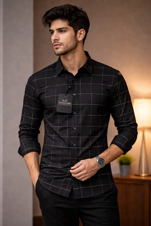 Premium_Cotton_Check_Shirt_For_Mentylish_Slim_Fit_Casual_Formal_Wear_Black