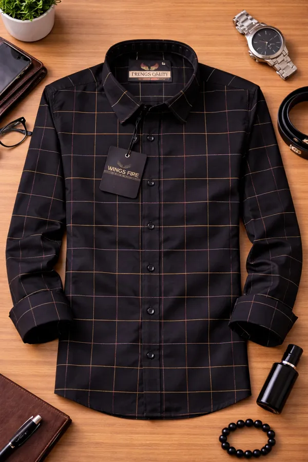 Premium_Cotton_Check_Shirt_For_Mentylish_Slim_Fit_Casual_Formal_Wear_Black