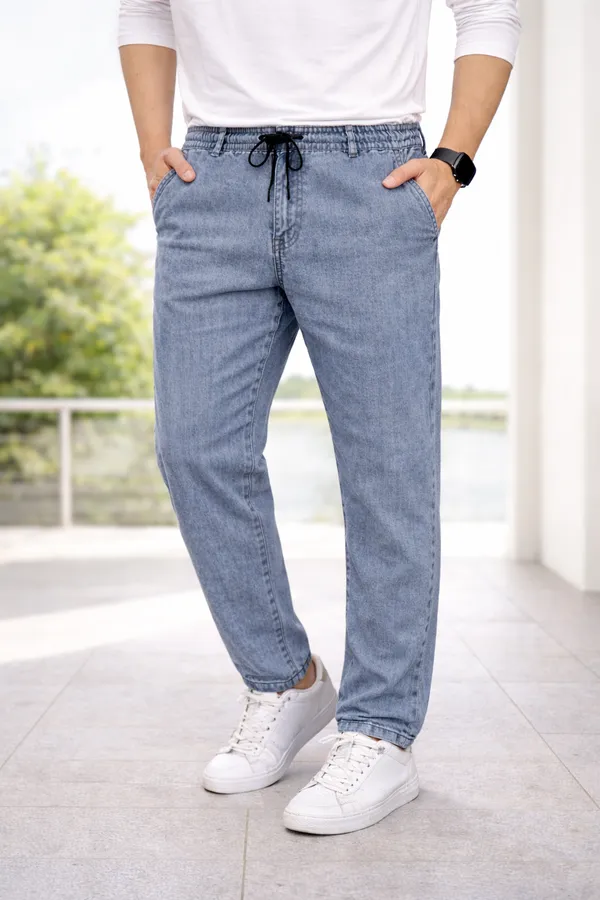 Men_Elastic_Waist_Denim_Cargo_Jeans_Stretchable_Casual_Pants_Regular_Fit_Jeans_For_Men_Grey