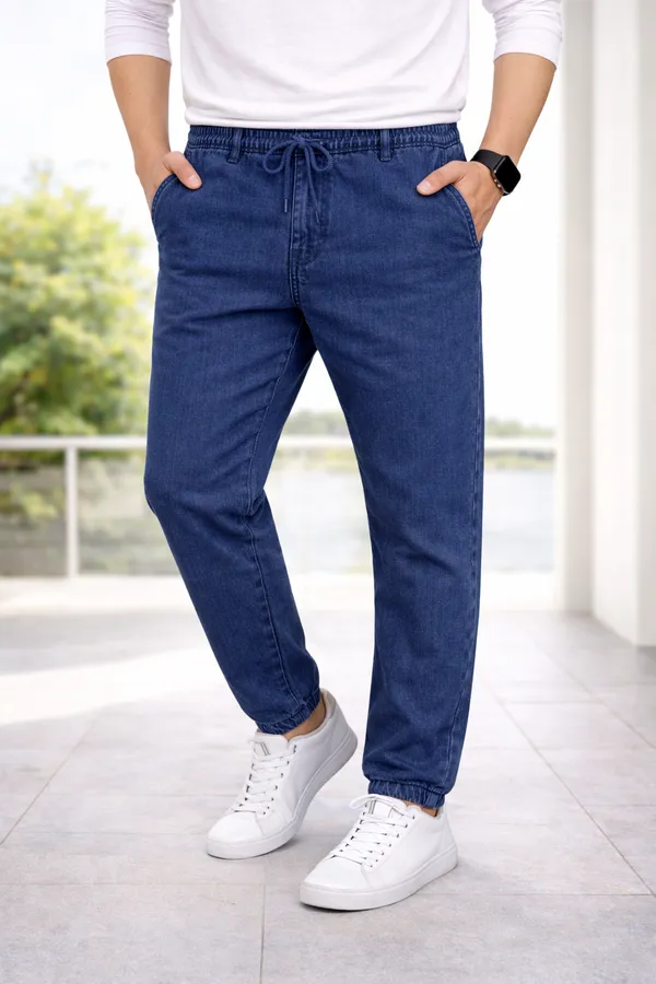 Men_Elastic_Waist_Denim_Cargo_Jeans_Stretchable_Casual_Pants_Regular_Fit_Jeans_For_Men_Navy