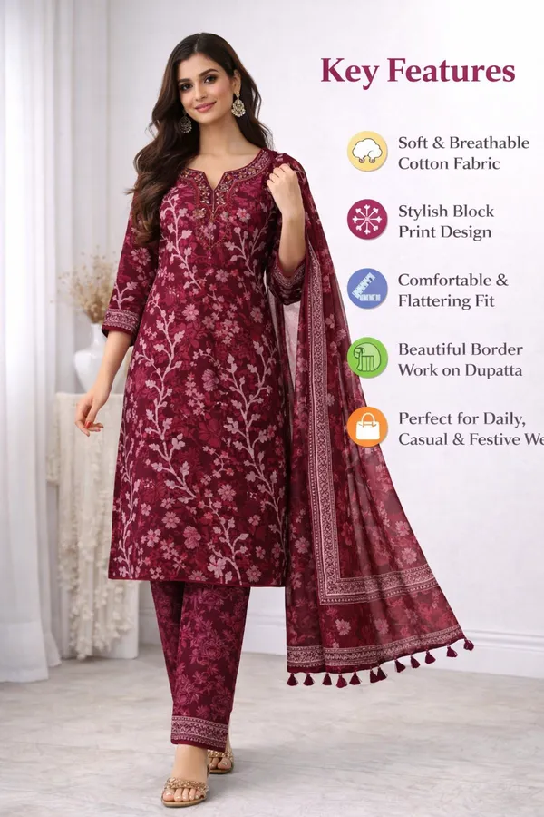 Women_Printed_Cotton_Kurta_Set_Stylish_Ethnic_Wear_Kurti_For_Daily_Casual_Use_Comfortable_Regular_Fit_Wine