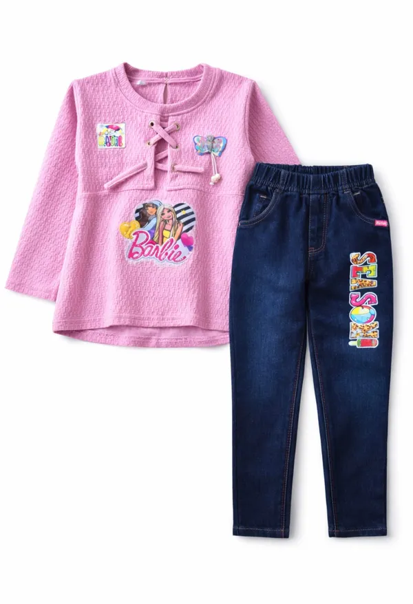 Girls_Barbie_Printed_Pink_Top_With_Denim_Jeans_Set_Stylish_Kids_Casual_Outfit_2_Piece_Set_Pink
