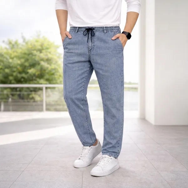 Men_Elastic_Waist_Denim_Cargo_Jeans_Stretchable_Casual_Pants_Regular_Fit_Jeans_For_Men_Grey