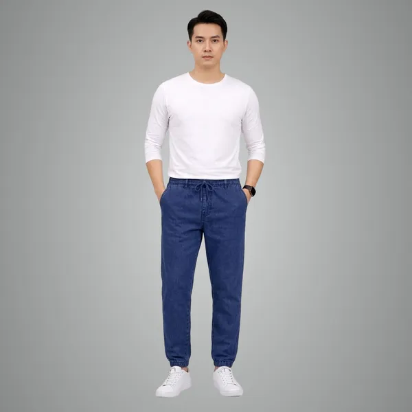 Men_Elastic_Waist_Denim_Cargo_Jeans_Stretchable_Casual_Pants_Regular_Fit_Jeans_For_Men_Navy