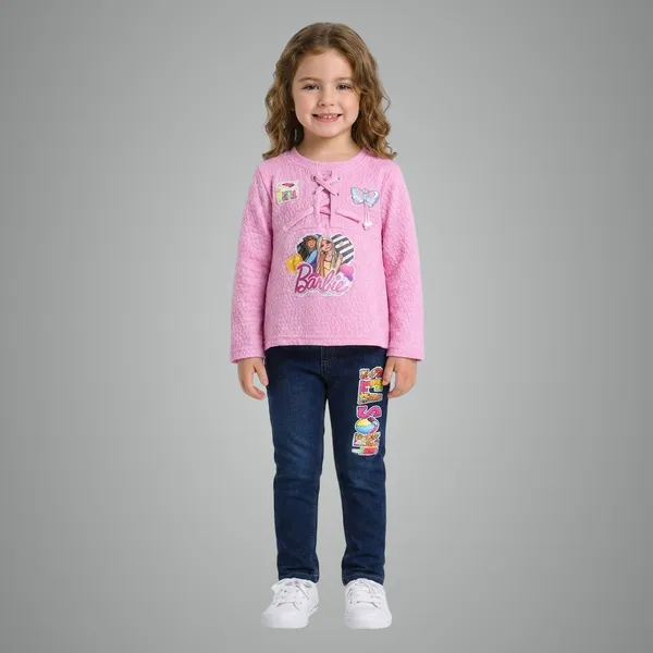 Girls_Barbie_Printed_Pink_Top_With_Denim_Jeans_Set_Stylish_Kids_Casual_Outfit_2_Piece_Set_Pink
