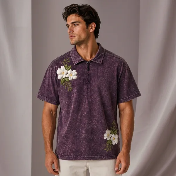 Purple_Cotton_Blend_Relaxed_Fit_Flower_Top_And_Bottom_Polo_T-Shirt_For_Unisex