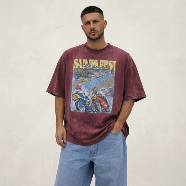 Maroon_Cotton_Blend_Oversized_Saints_Fest_Graphic_Print_T-Shirt_For_Unisex