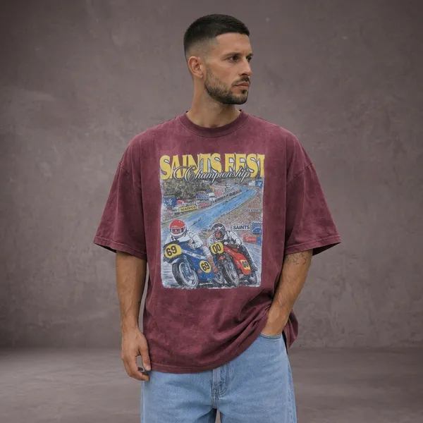 Maroon_Cotton_Blend_Oversized_Saints_Fest_Graphic_Print_T-Shirt_For_Unisex