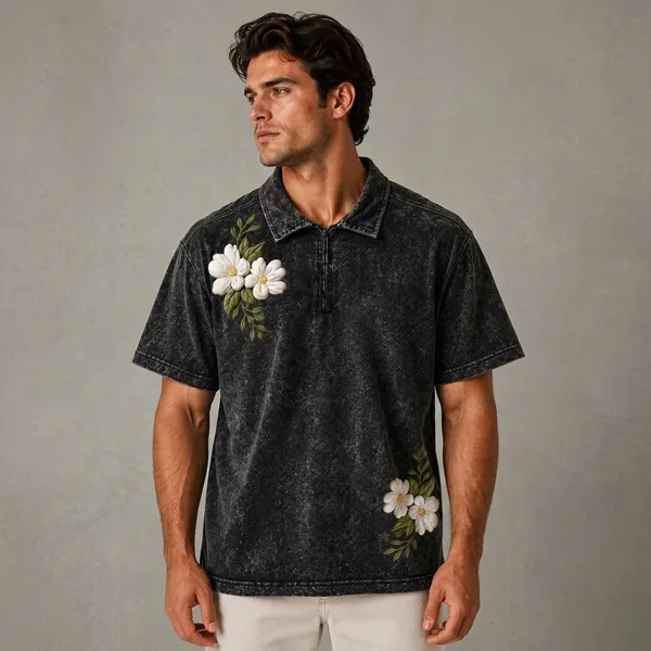 Black_Cotton_Blend_Relaxed_Fit_Flower_Top_And_Bottom_Polo_T-Shirt_For_Unisex