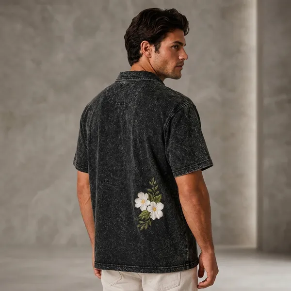 Black_Cotton_Blend_Relaxed_Fit_Flower_Top_And_Bottom_Polo_T-Shirt_For_Unisex