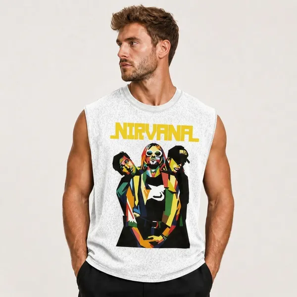 White_Cotton_Blend_Relaxed_Fit_Nirvana_Graphic_Sleeveless_Tank_Top_For_Men
