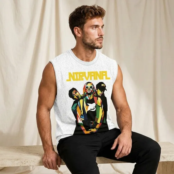 White_Cotton_Blend_Relaxed_Fit_Nirvana_Graphic_Sleeveless_Tank_Top_For_Men