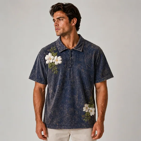 Navy_Blue_Cotton_Blend_Relaxed_Fit_Flower_Top_And_Bottom_Polo_T-Shirt_For_Unisex