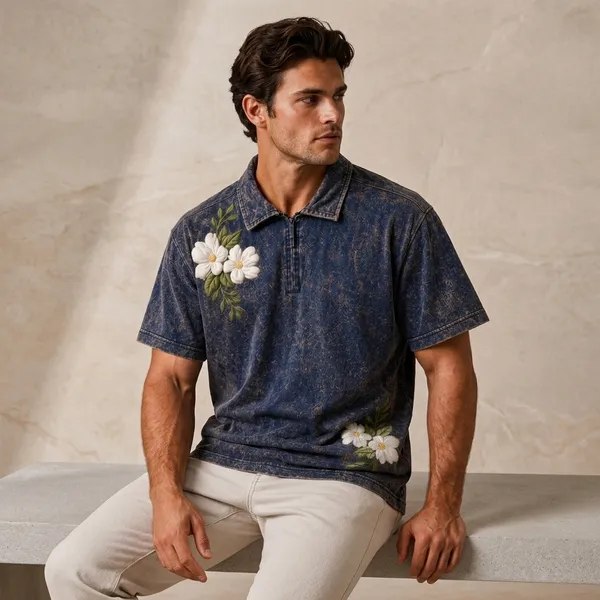 Navy_Blue_Cotton_Blend_Relaxed_Fit_Flower_Top_And_Bottom_Polo_T-Shirt_For_Unisex