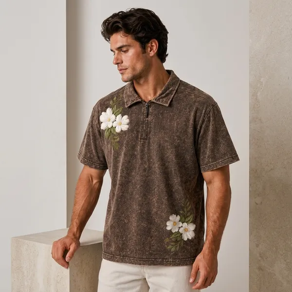 Brown_Cotton_Blend_Relaxed_Fit_Flower_Top_And_Bottom_Polo_T-Shirt_For_Unisex