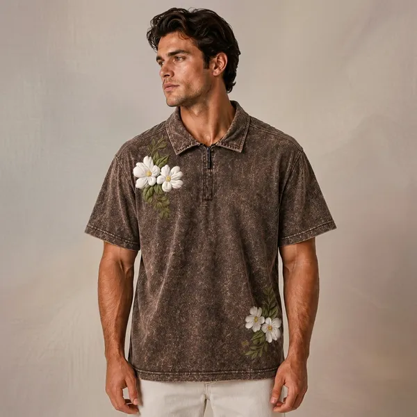 Brown_Cotton_Blend_Relaxed_Fit_Flower_Top_And_Bottom_Polo_T-Shirt_For_Unisex