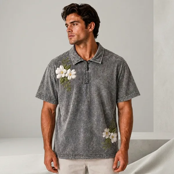 Grey_Acid_Wash_Cotton_Blend_Relaxed_Fit_Flower_Top_And_Bottom_Polo_T-Shirt_For_Unisex