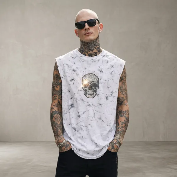 White_Acid_Wash_Oversized_Rhinestone_Skull_Tank_Top_For_Unisex