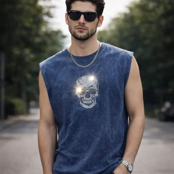 Navy_Blue_Acid_Wash_Oversized_Rhinestone_Skull_Tank_Top_For_Unisex