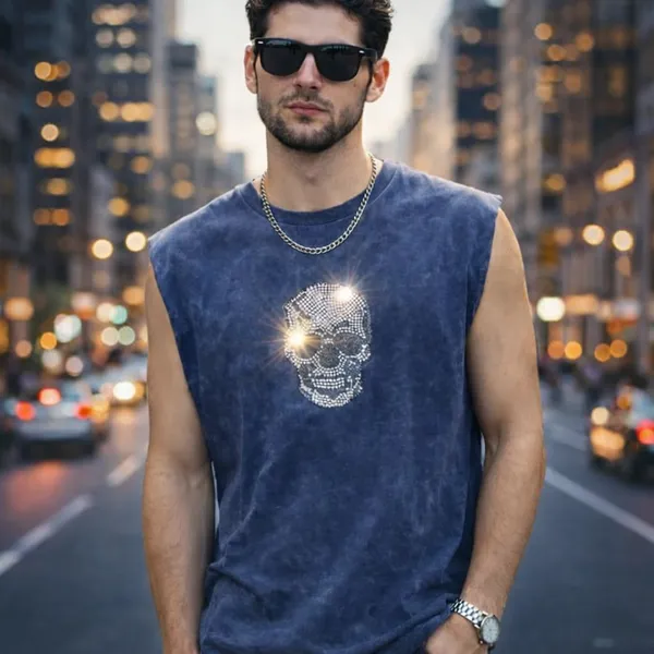 Navy_Blue_Acid_Wash_Oversized_Rhinestone_Skull_Tank_Top_For_Unisex