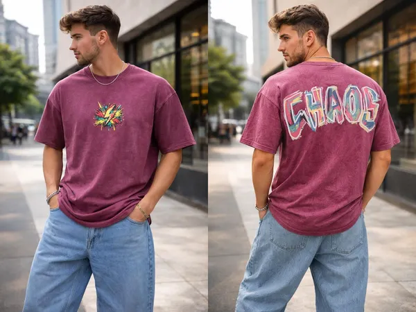 Pink_Cotton_Blend_Relaxed_Fit_Chaos_Tee_Graphic_Down_Shoulder_T-Shirt_For_Men
