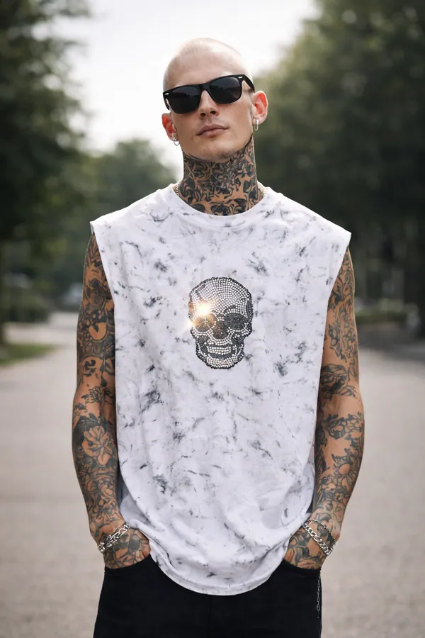 White_Acid_Wash_Oversized_Rhinestone_Skull_Tank_Top_For_Unisex