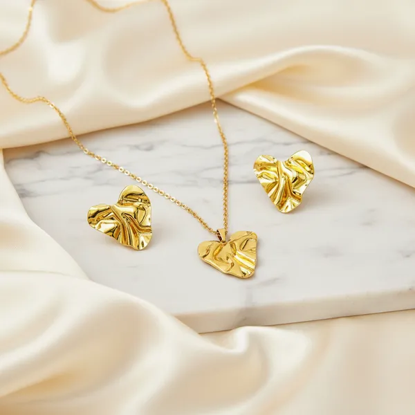 Textured_Heart_Gold_Necklace_Earrings_Set