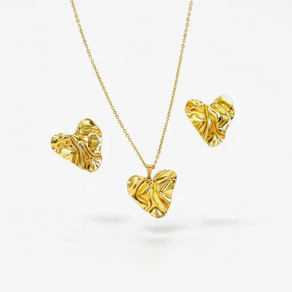 Textured_Heart_Gold_Necklace_Earrings_Set