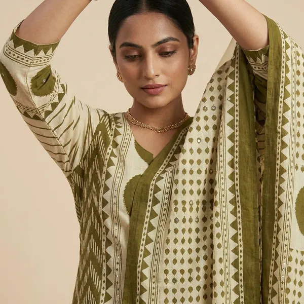 Olive_Green_And_Cream_Block_Print_Suit_Set_With_Dupatta_For_Women