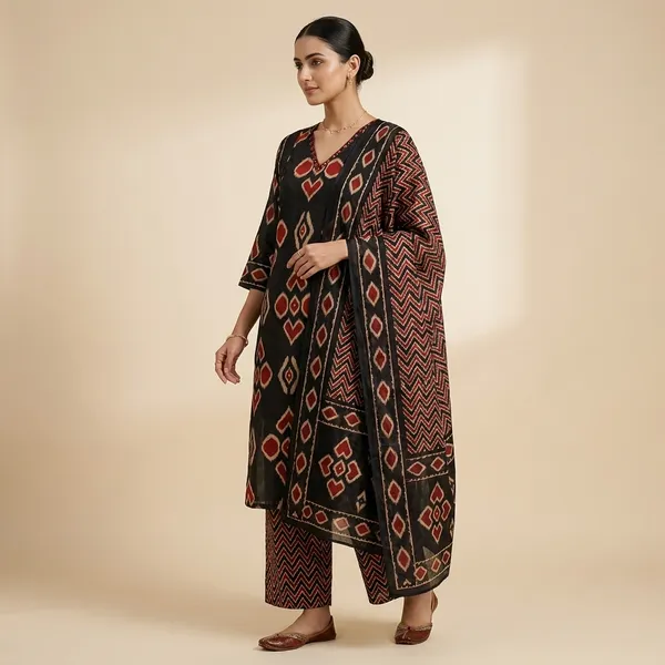 Black_Ethnic_Ikat_Print_Kurta_Set_With_Dupatta_3_Piece_Suit_For_Women