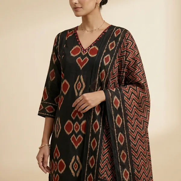Black_Ethnic_Ikat_Print_Kurta_Set_With_Dupatta_3_Piece_Suit_For_Women