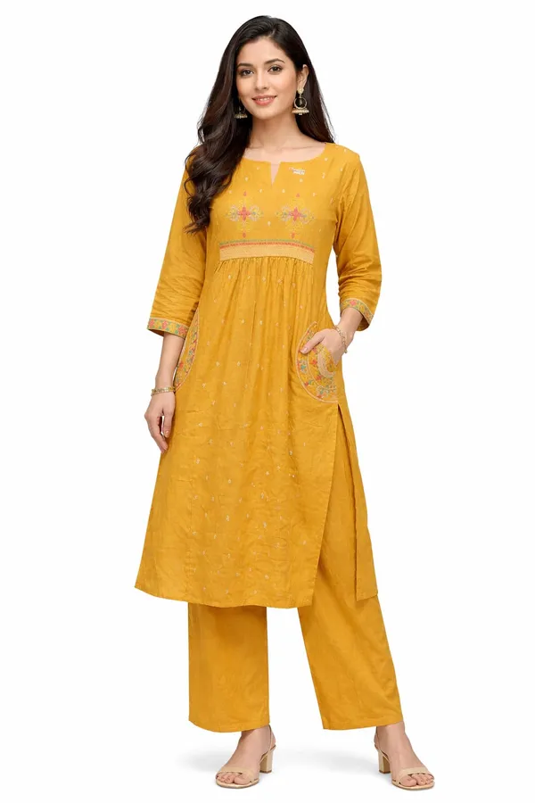Mustard_Yellow_Embroidered_Kurta_And_Palazzo_Set_For_Women