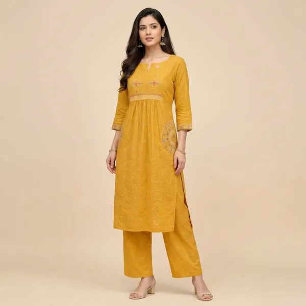 Mustard_Yellow_Embroidered_Kurta_And_Palazzo_Set_For_Women