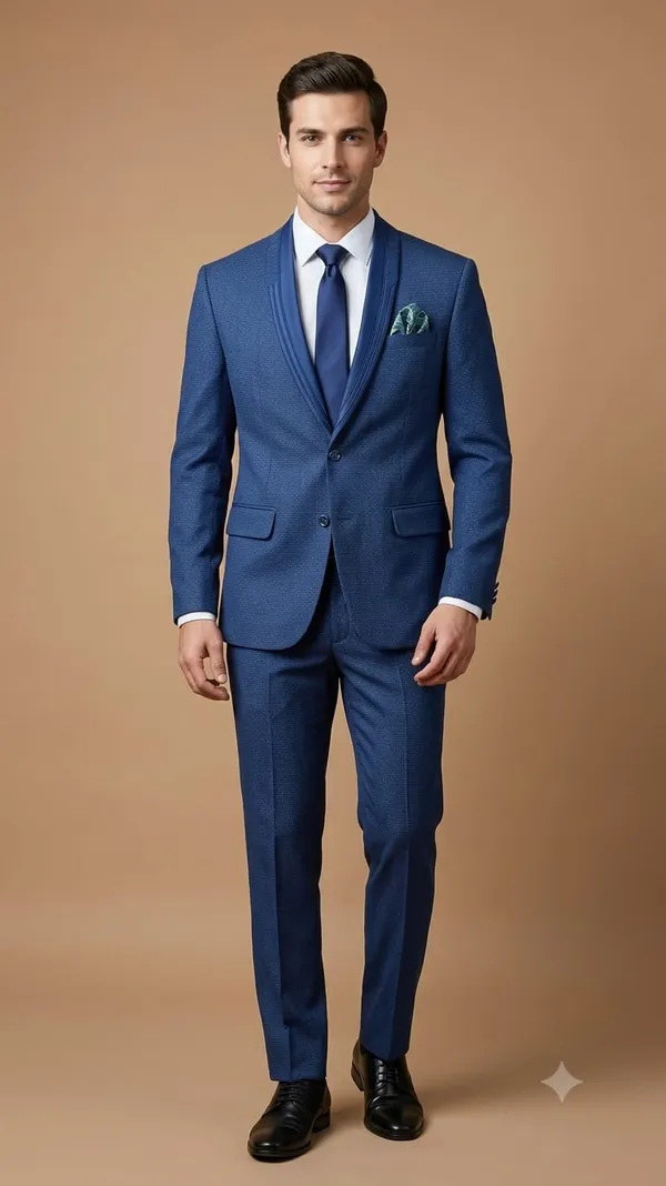 A_vibrant_royal_blue_fabric_featuring_a_fine,_subtle_geometric_micro-pattern_COAT_pant_set_